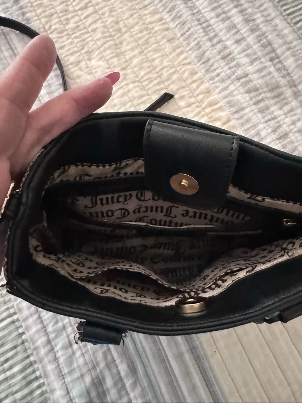 Juicy Couture Black and Gray Logo Jacquard Satchel with Heart Charm